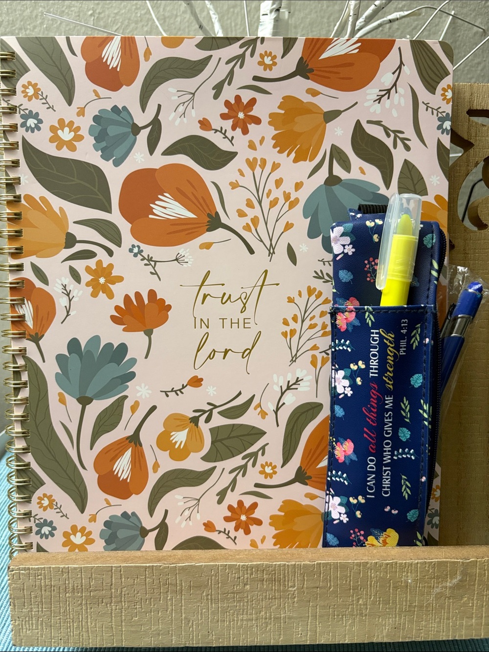 Floral Spiral Notebook with Navy Pen Pouch - Pink & Orange